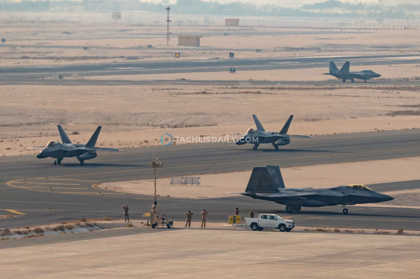 F-22 Raptors taxi after landing at an airfield in the Middle East.