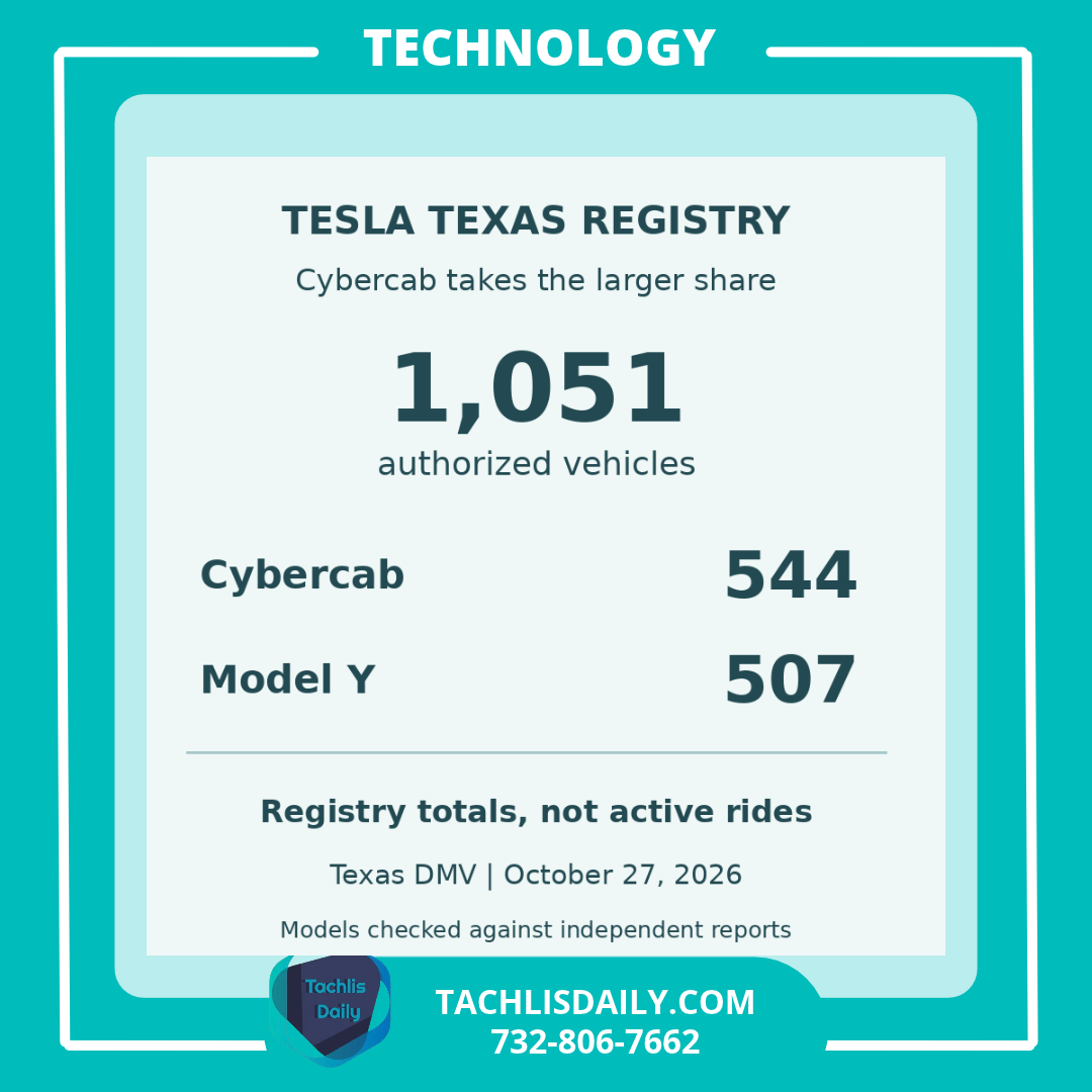 Tesla's Texas robotaxi registry: 1,051 authorized vehicles, including 544 Cybercabs and 507 Model Ys. Registry totals are not active ride counts.